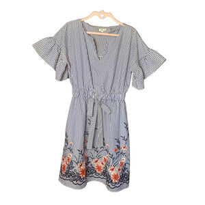 Westport Size 4 Blue & White Striped dress w. Bell sleeves and floral embroidery